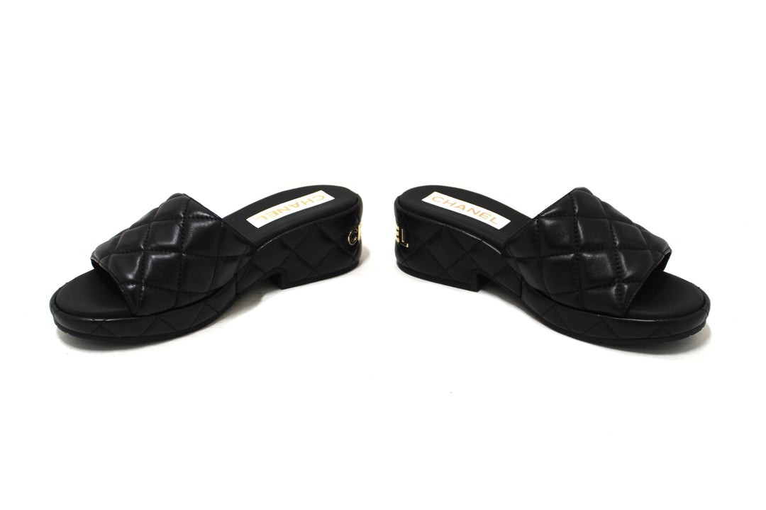 Top Quality Chanel Black Quilted Lambskin Leather Platform Slide Size 36