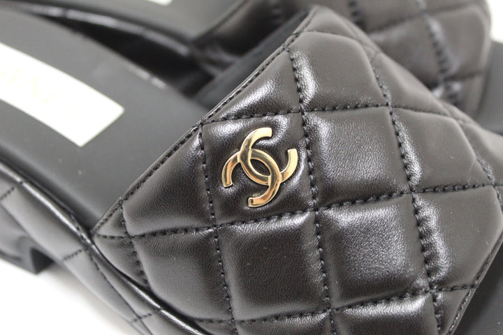 Top Quality Chanel Black Quilted Lambskin Leather Platform Slide Size 36