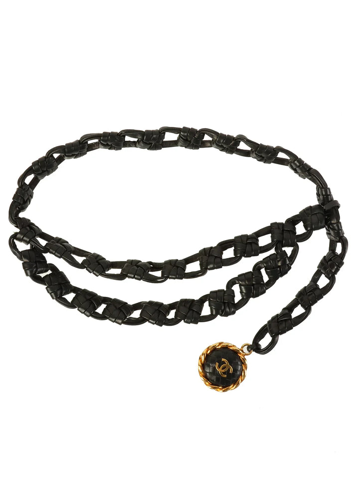 Chanel 1994 Made Edge Chain Cc Mark Charm Leather Belt Black/Gold