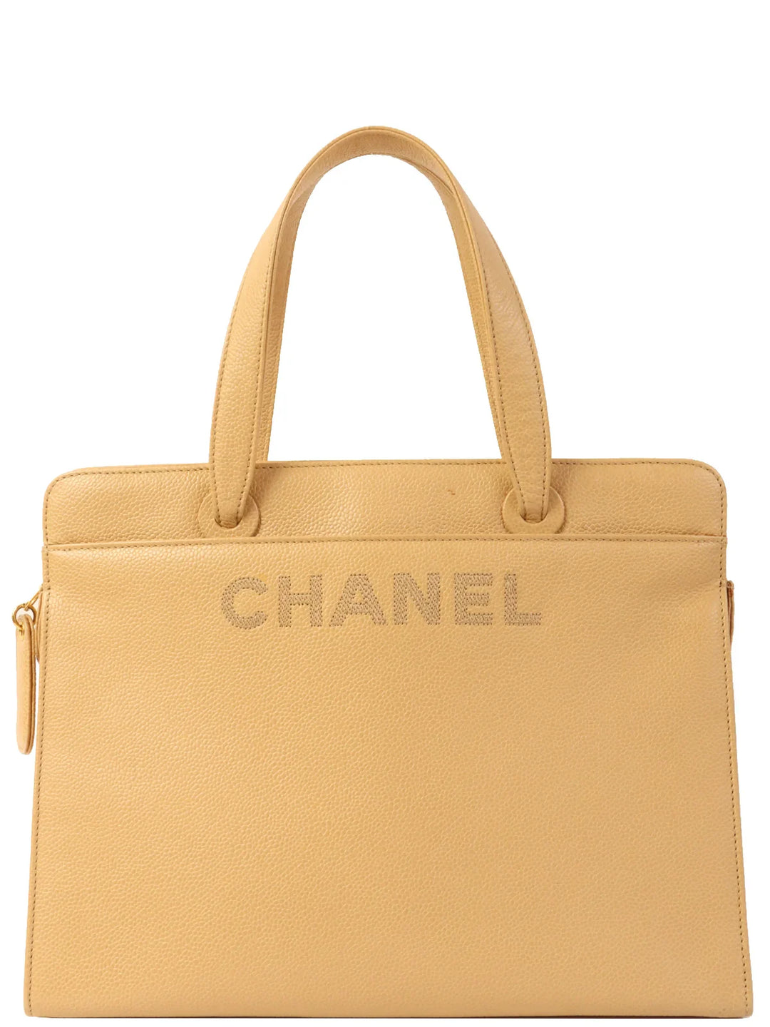 Chanel Around 1998 Made Caviar Skin Logo Embroidered Tote Bag Beige