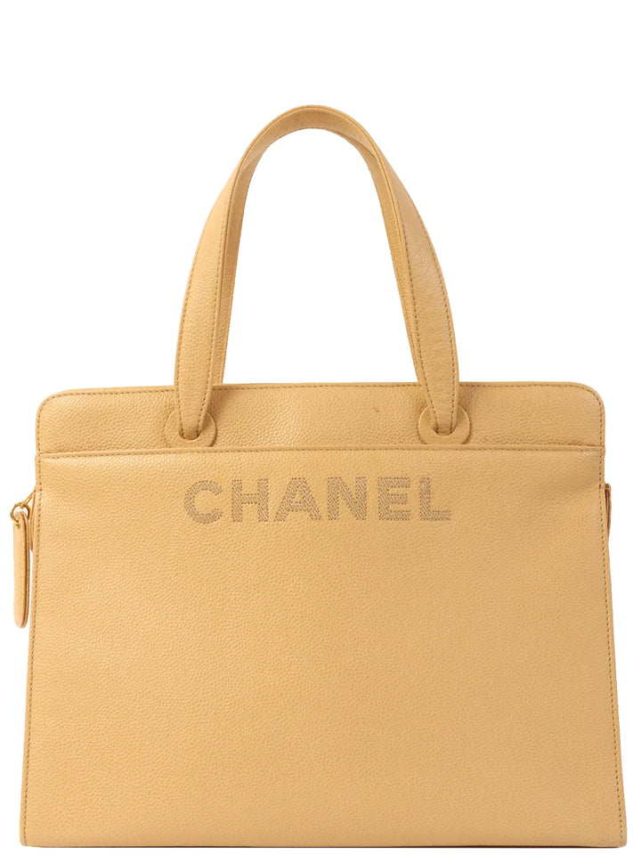 Chanel Around 1998 Made Caviar Skin Logo Embroidered Tote Bag Beige
