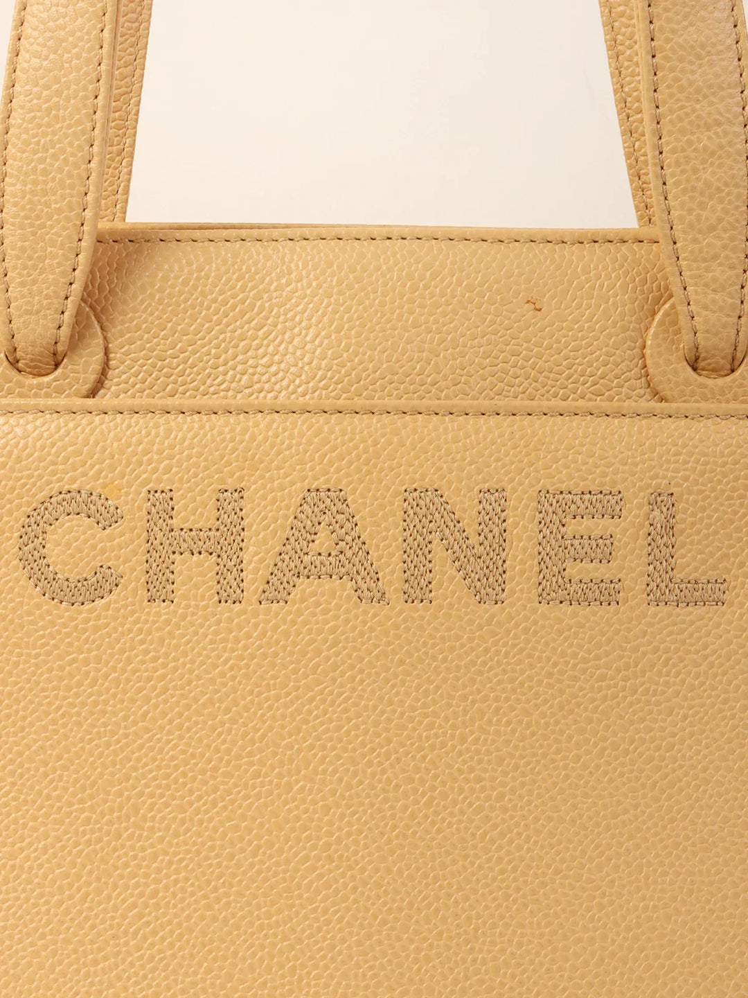 Chanel Around 1998 Made Caviar Skin Logo Embroidered Tote Bag Beige