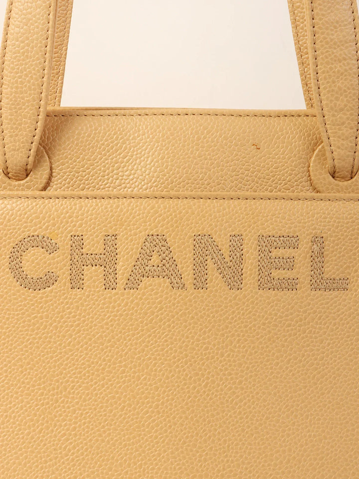 Chanel Around 1998 Made Caviar Skin Logo Embroidered Tote Bag Beige