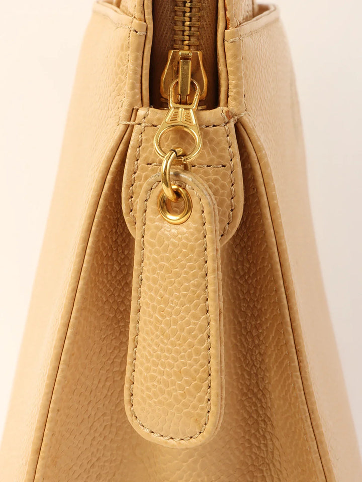 Chanel Around 1998 Made Caviar Skin Logo Embroidered Tote Bag Beige