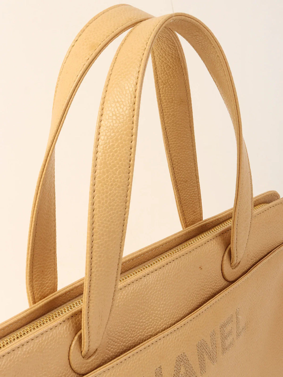 Chanel Around 1998 Made Caviar Skin Logo Embroidered Tote Bag Beige