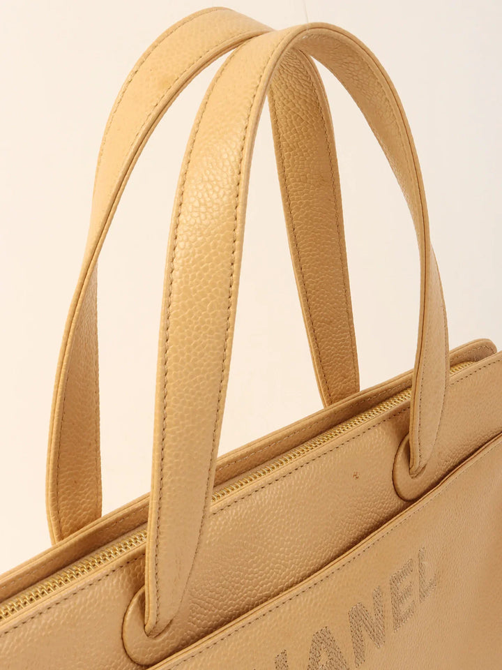 Chanel Around 1998 Made Caviar Skin Logo Embroidered Tote Bag Beige