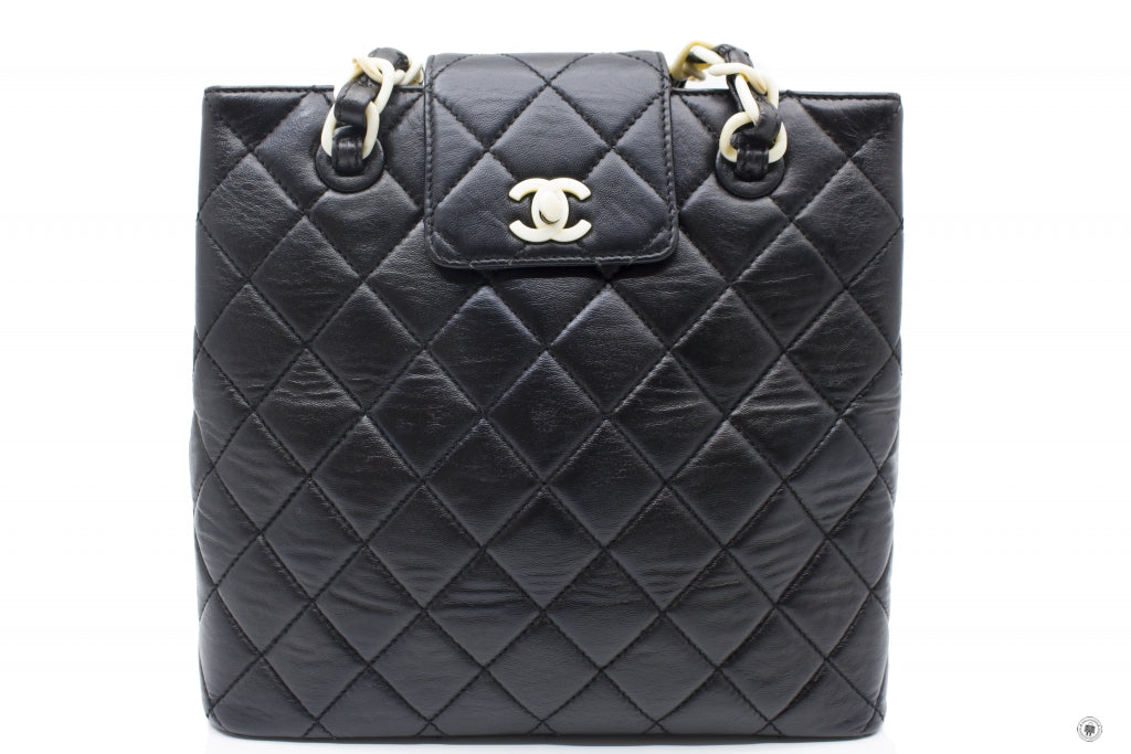 Top Quality Chanel Vintage With Resin Woven Chain And Lock Black Lambskin Tote Bag