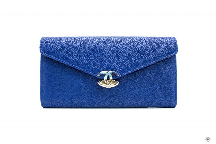 Top Quality Chanel A84409Y61153 CC Logo  Blue Calfskin Long Wallet Ghw