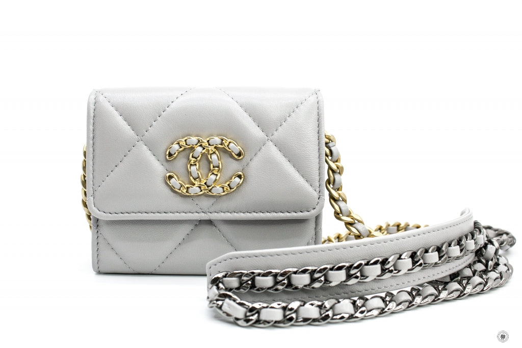 Top Quality Chanel AP1787B04852 19 Flap Coin Purse With Two Tones Gold And Gunmeta Light Grey / NC634 Lambskin Short Wallet Gbhw