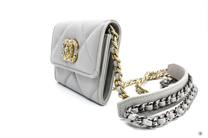 Top Quality Chanel AP1787B04852 19 Flap Coin Purse With Two Tones Gold And Gunmeta Light Grey / NC634 Lambskin Short Wallet Gbhw
