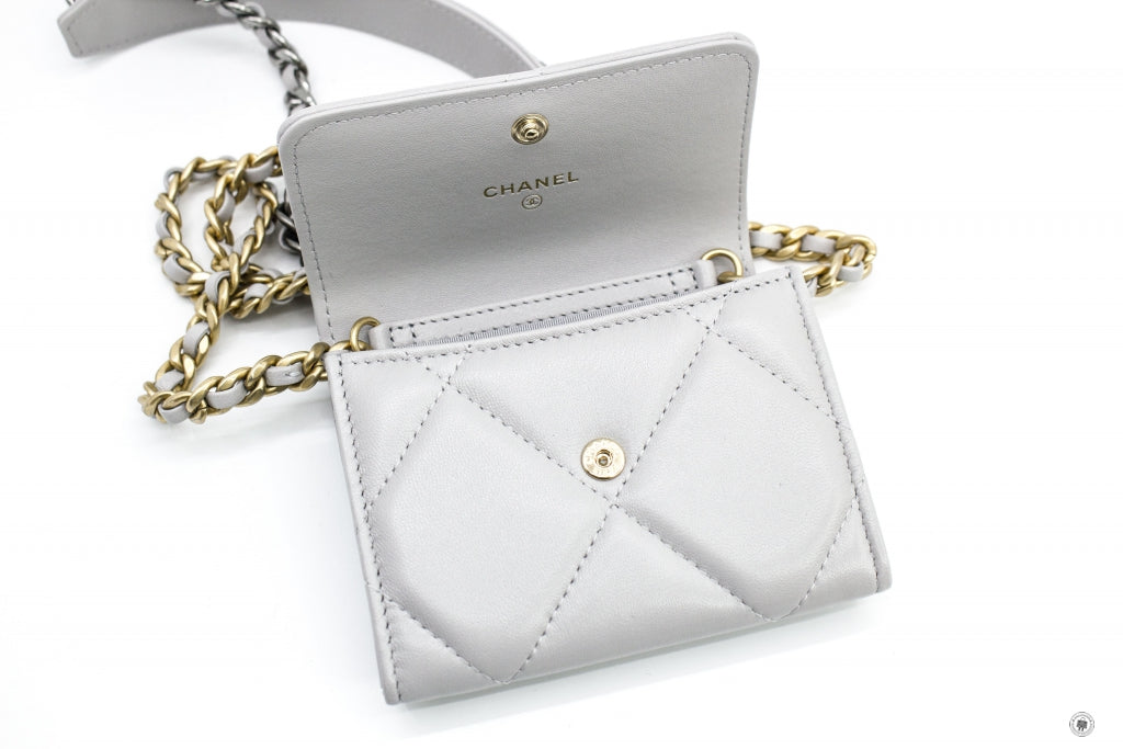 Top Quality Chanel AP1787B04852 19 Flap Coin Purse With Two Tones Gold And Gunmeta Light Grey / NC634 Lambskin Short Wallet Gbhw