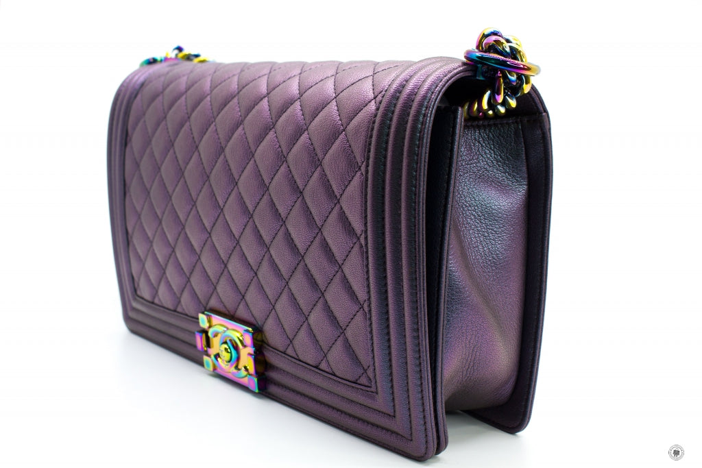 Top Quality Chanel Boy Rainbow Iridescent Purple Calfskin New Medium  Shoulder Bags