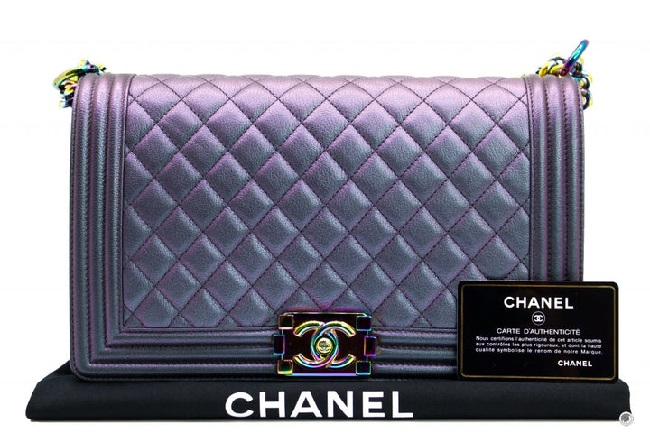 Top Quality Chanel Boy Rainbow Iridescent Purple Calfskin New Medium  Shoulder Bags