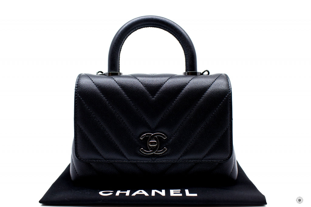 Top Quality Chanel AS2215B06818 Mini Chevron Coco Handle  Black / 94305 Caviar Shoulder Bags Bkhw