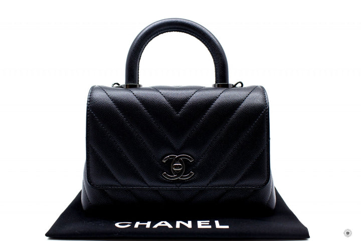 Top Quality Chanel AS2215B06818 Mini Chevron Coco Handle  Black / 94305 Caviar Shoulder Bags Bkhw