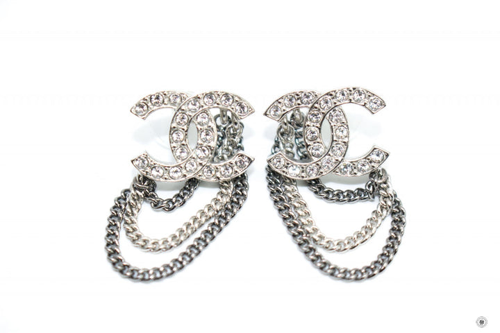 Top Quality Chanel AB7062B06545 CC Logo With Cyrstal And Chains Silver / NF074 Metal 1.8CMX1.3CM Earrings Shw