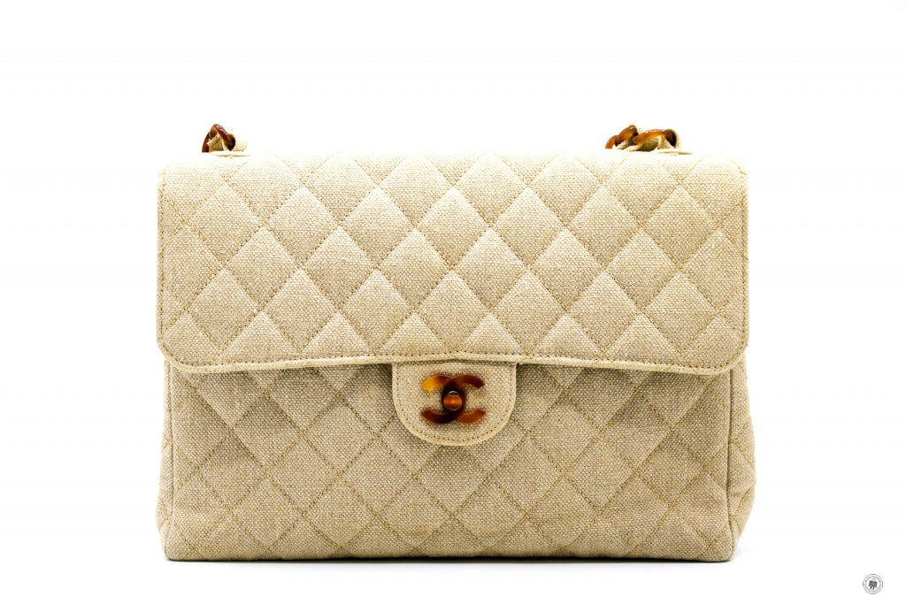 Top Quality Chanel Linen Canvas Flap Bag With Tortoise Chain And CC L Natural  Canvas Shoulder Bags