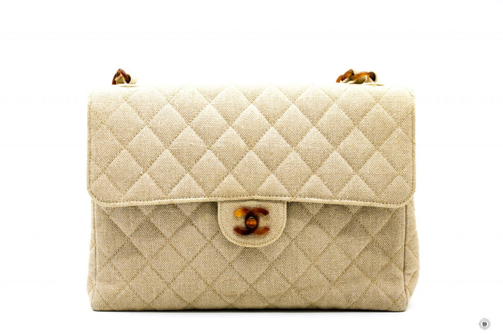 Top Quality Chanel Linen Canvas Flap Bag With Tortoise Chain And CC L Natural  Canvas Shoulder Bags