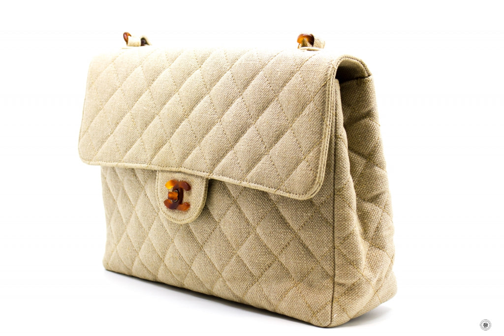 Top Quality Chanel Linen Canvas Flap Bag With Tortoise Chain And CC L Natural  Canvas Shoulder Bags