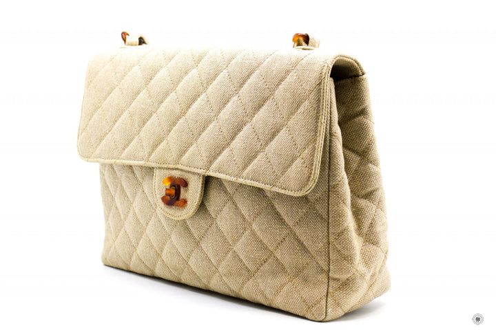 Top Quality Chanel Linen Canvas Flap Bag With Tortoise Chain And CC L Natural  Canvas Shoulder Bags