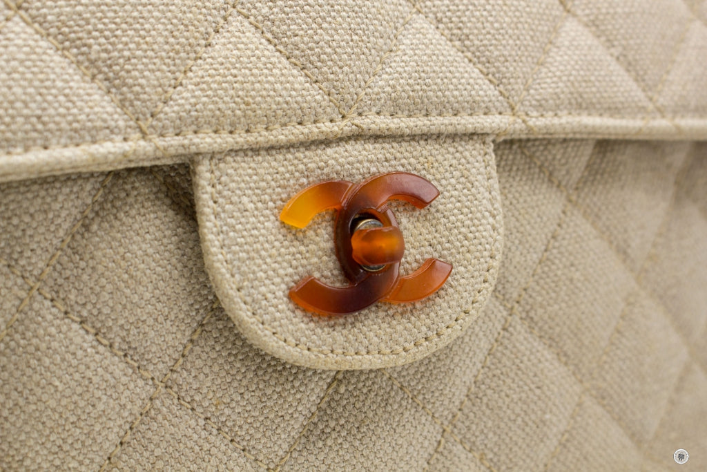 Top Quality Chanel Linen Canvas Flap Bag With Tortoise Chain And CC L Natural  Canvas Shoulder Bags