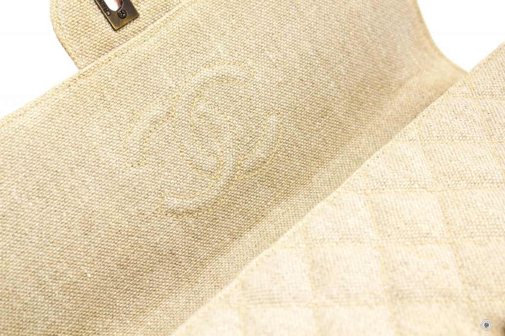 Top Quality Chanel Linen Canvas Flap Bag With Tortoise Chain And CC L Natural  Canvas Shoulder Bags