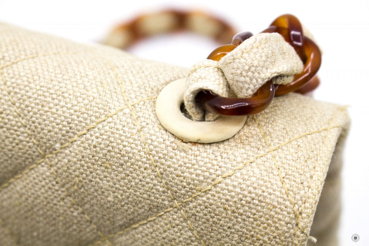 Top Quality Chanel Linen Canvas Flap Bag With Tortoise Chain And CC L Natural  Canvas Shoulder Bags