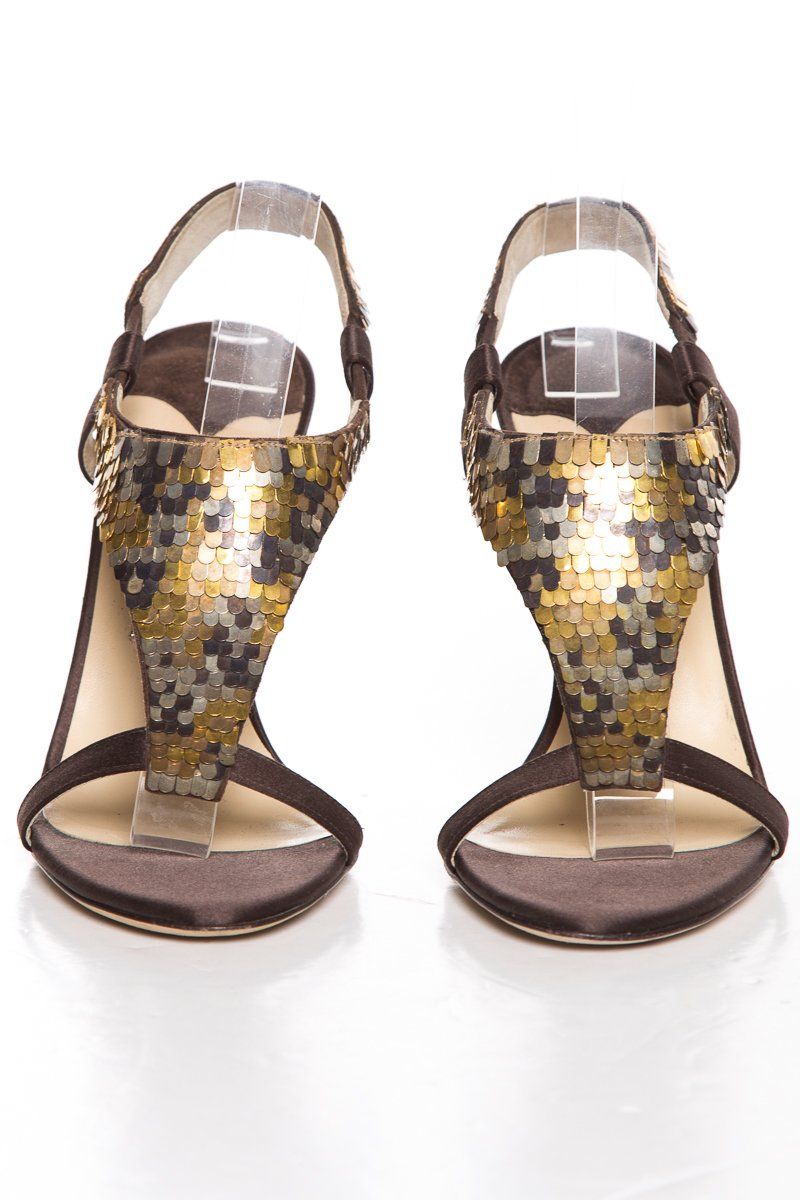 Jimmy Choo Brown/Gold Satin Sandals With Sequin Detail SZ 38 Sale
