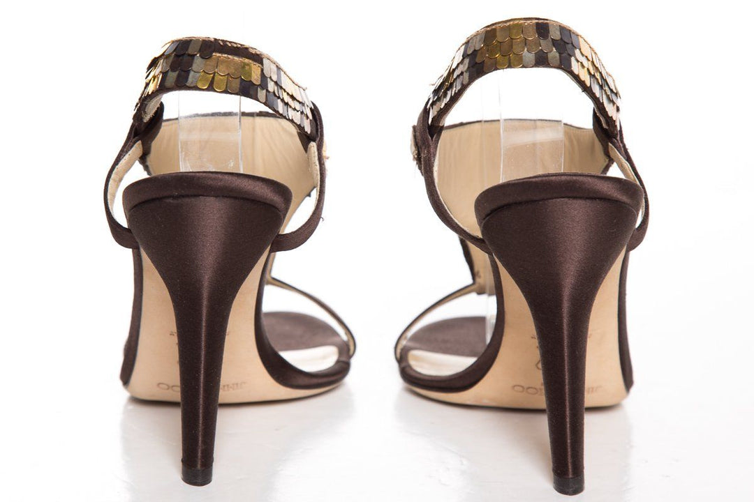 Jimmy Choo Brown/Gold Satin Sandals With Sequin Detail SZ 38 Sale