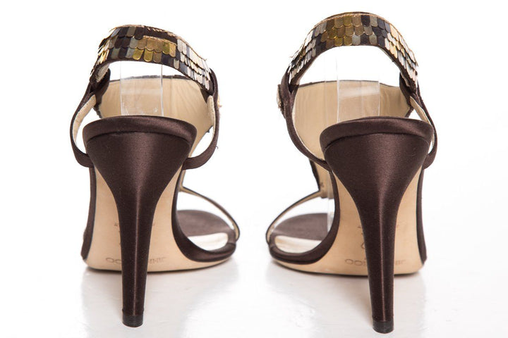 Jimmy Choo Brown/Gold Satin Sandals With Sequin Detail SZ 38 Sale