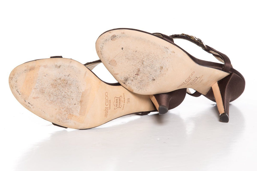 Jimmy Choo Brown/Gold Satin Sandals With Sequin Detail SZ 38 Sale