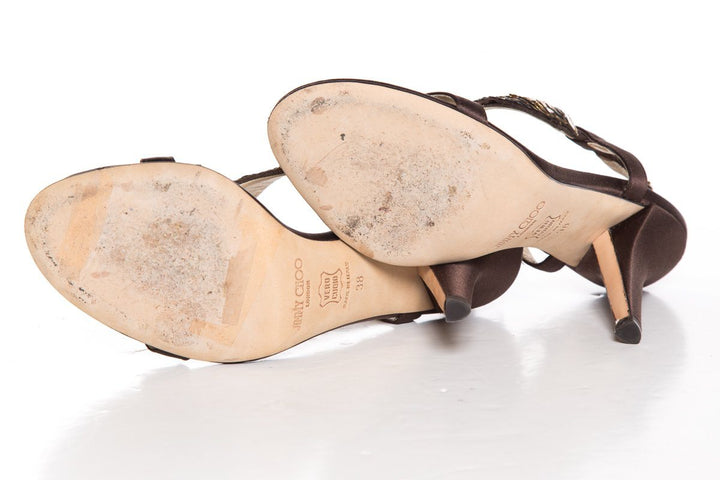 Jimmy Choo Brown/Gold Satin Sandals With Sequin Detail SZ 38 Sale