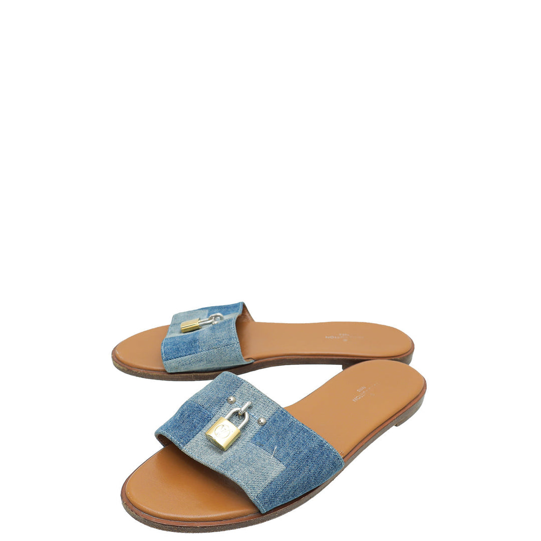 Louis Vuitton Blue Denim Lock It Flat Mule 37.5