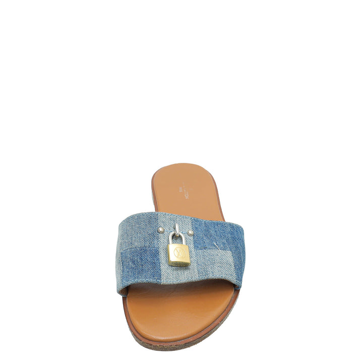 Louis Vuitton Blue Denim Lock It Flat Mule 37.5