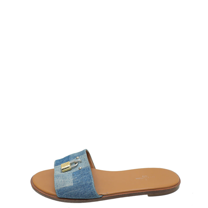 Louis Vuitton Blue Denim Lock It Flat Mule 37.5
