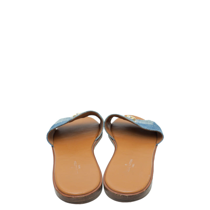 Louis Vuitton Blue Denim Lock It Flat Mule 37.5