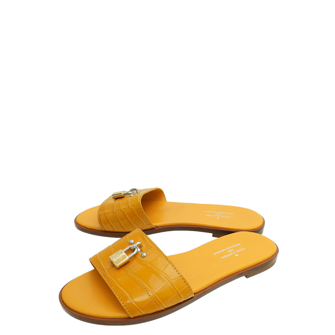 Louis Vuitton Yellow Crocodile Lock It Flat Mules 37