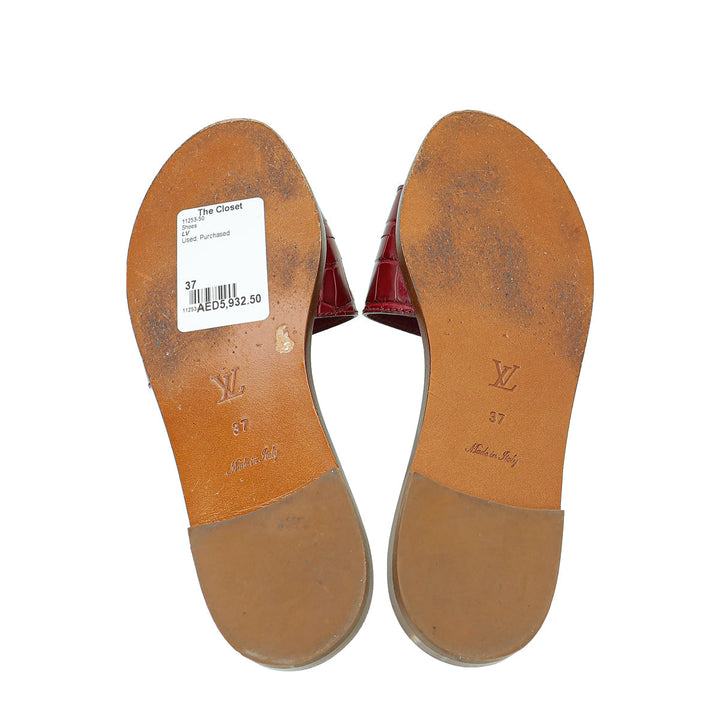 Louis Vuitton Burgundy Crocodile Lock It Flat Mules 37