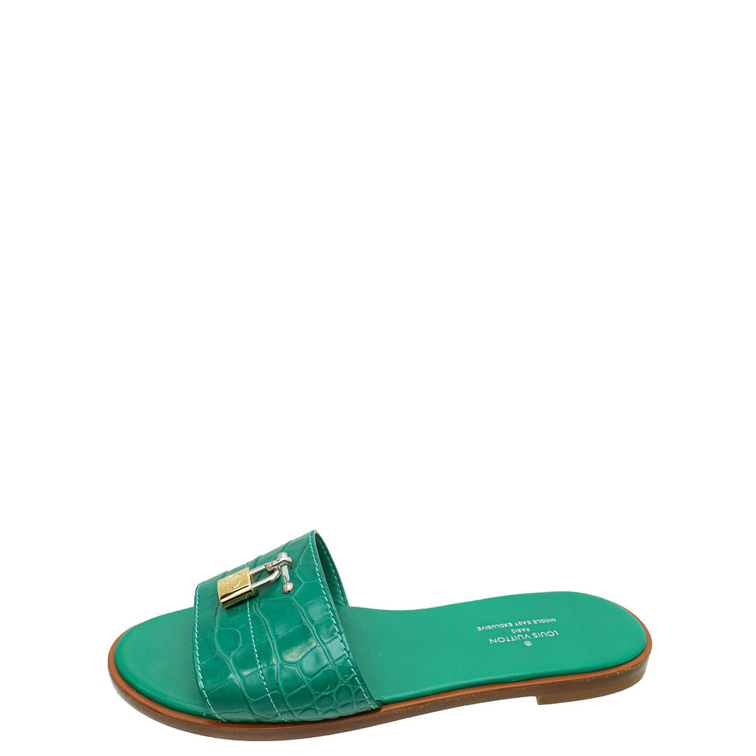 Louis Vuitton Green Crocodile Lock It Flat Mules 37