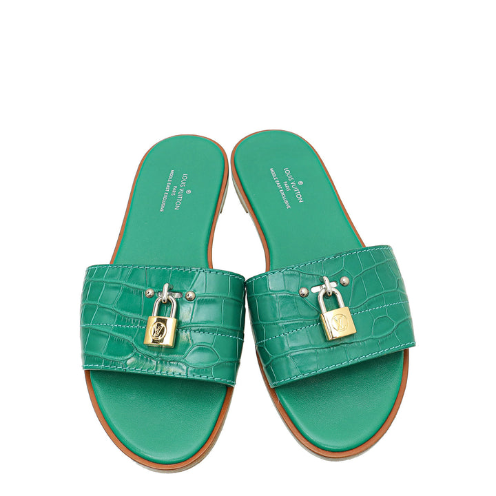 Louis Vuitton Green Crocodile Lock It Flat Mules 37
