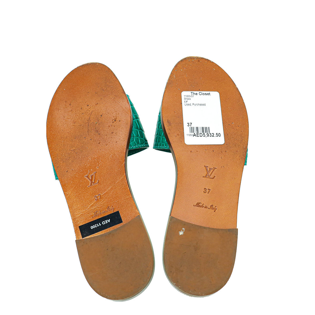Louis Vuitton Green Crocodile Lock It Flat Mules 37