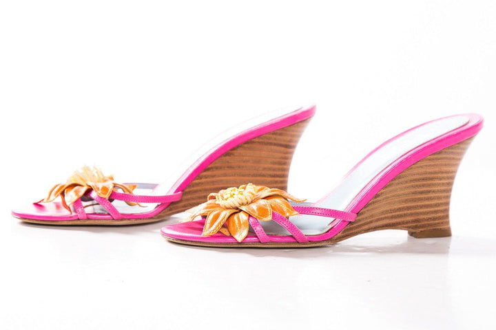 Lambertson Truex Pink Leather Floral Wedge Sandals SZ 35.5