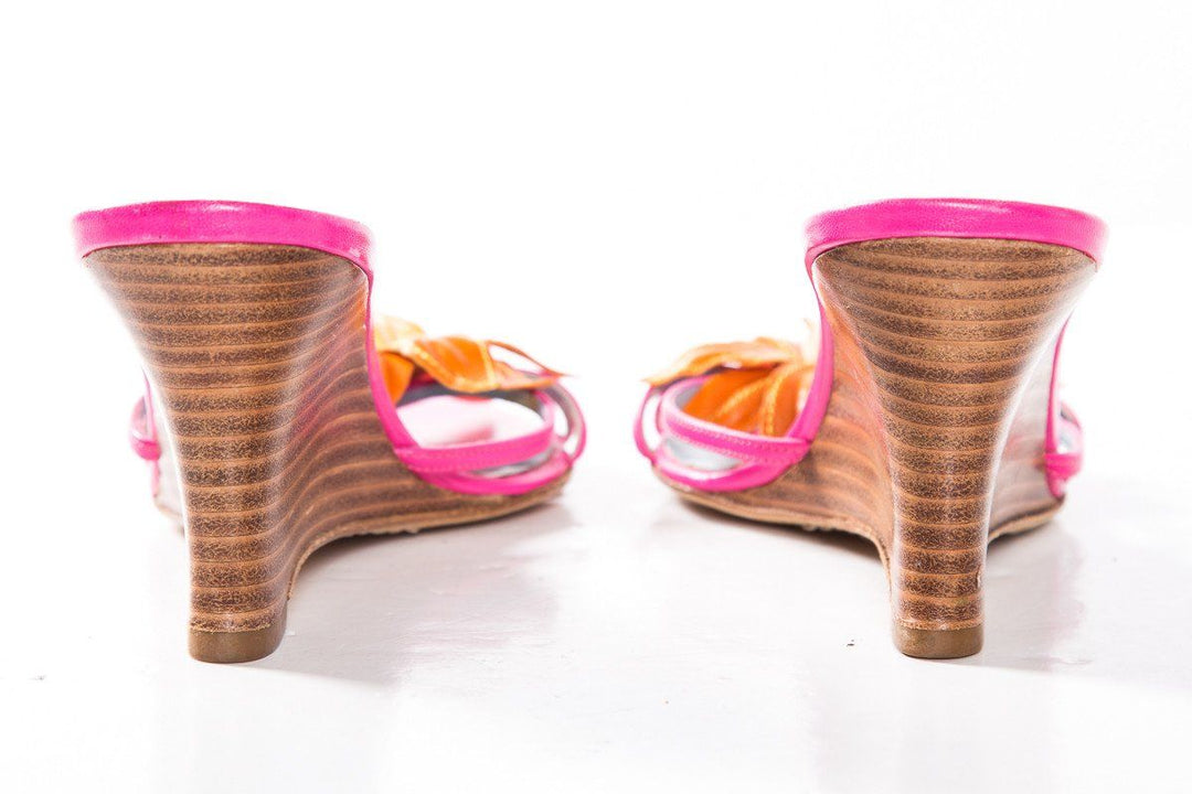 Lambertson Truex Pink Leather Floral Wedge Sandals SZ 35.5