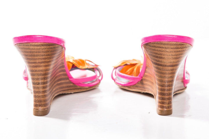 Lambertson Truex Pink Leather Floral Wedge Sandals SZ 35.5