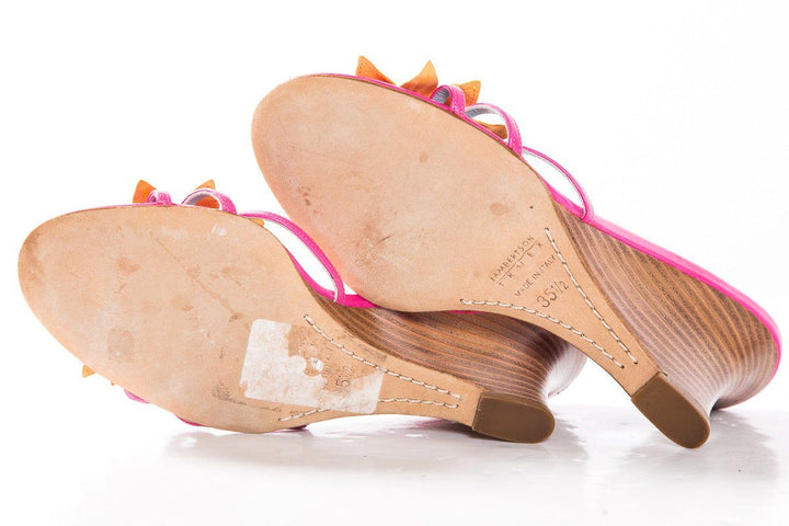 Lambertson Truex Pink Leather Floral Wedge Sandals SZ 35.5