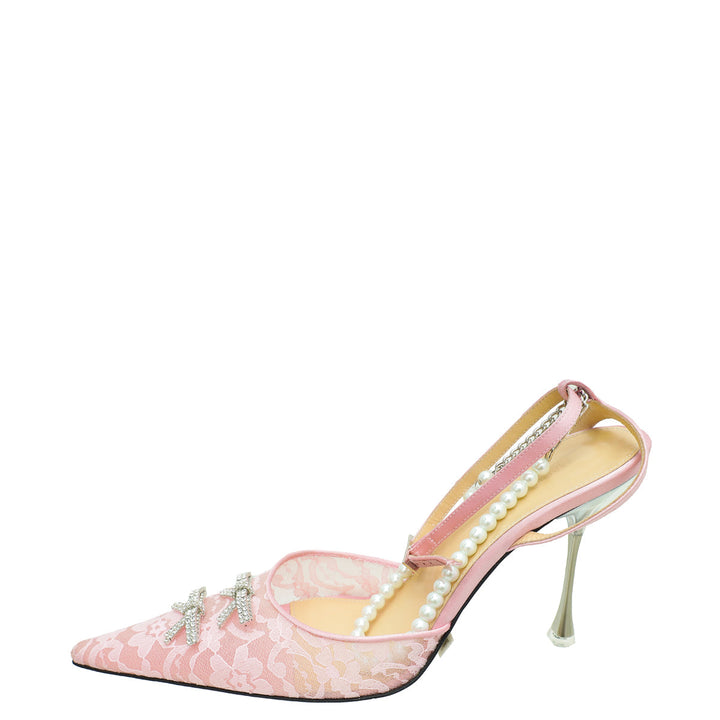 Mach & Mach Pink Satin and Lace Crystal Bow Embellished Ankle Strap Pumps 41