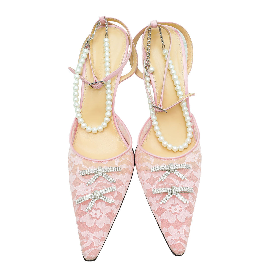 Mach & Mach Pink Satin and Lace Crystal Bow Embellished Ankle Strap Pumps 41
