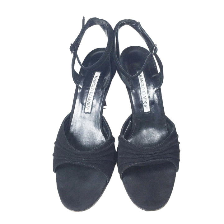 MANOLO BLAHNIK Black Suede Ankle Strap Open Toe Heels Size 37 1/2