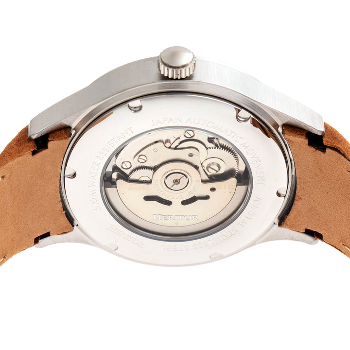 Heritor Automatic Antoine Semi-Skeleton Leather-Band Watch - Silver/Umber
