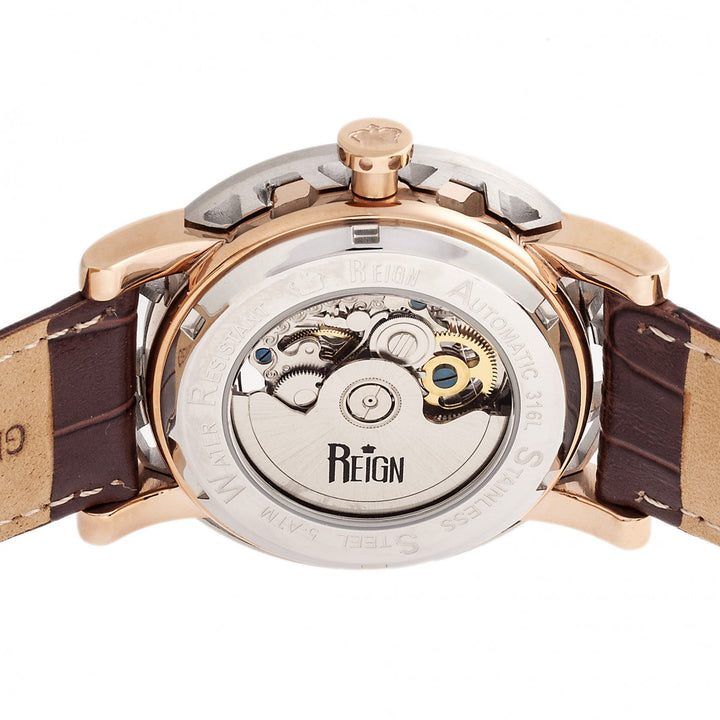 Reign Stavros Automatic Skeleton Leather-Band Watch - Rose Gold/White
